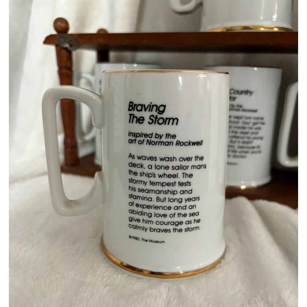 Vintage Norman Rockwell 1985-86 Mugs & Wooden Holder